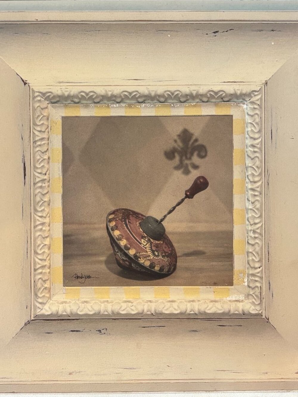 Vintage Spin Top print on Wood. 12x12  Creamy off-white faux-distress paint